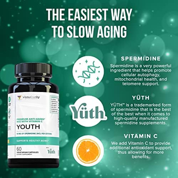 Vitauthority Enhanced Absorption Pure Spermidine Supplement - 99% Standardized Spermidine 3Hcl Anti Aging Supplement For Women And Men’S Longevity Brain Telomere Heart Cell And Skin Support - 60 Servings