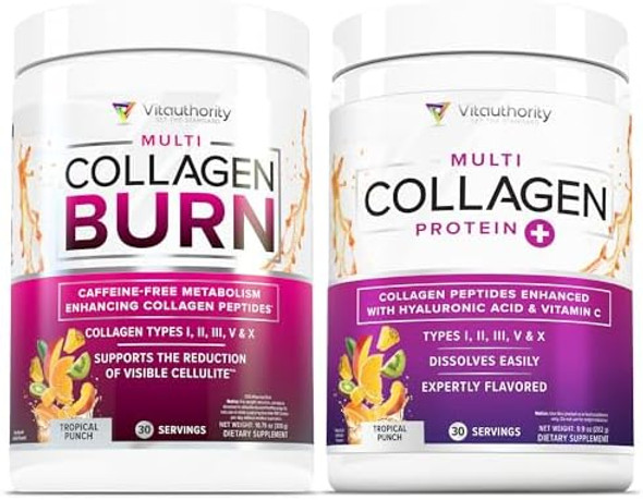 Vitauthority Hydrolyzed Collagen Peptides Powder For Women - Slimming Multicollagen Burn Ultimate Beauty Complex With Hyaluronic Acid And Multi Collagen Peptides Powder For Women Tropical Punch Flavored