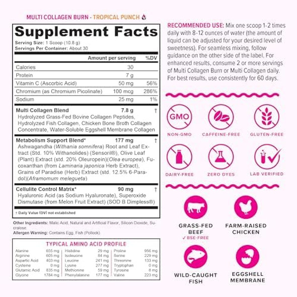 Vitauthority Multi Collagen Burn Energy: Hydrolyzed Protein Peptides With Hyaluronic Acid Tropical Punch And Multi Collagen Peptides Powder For Women - Hydrolyzed Flavored Collagen Tropical Punch