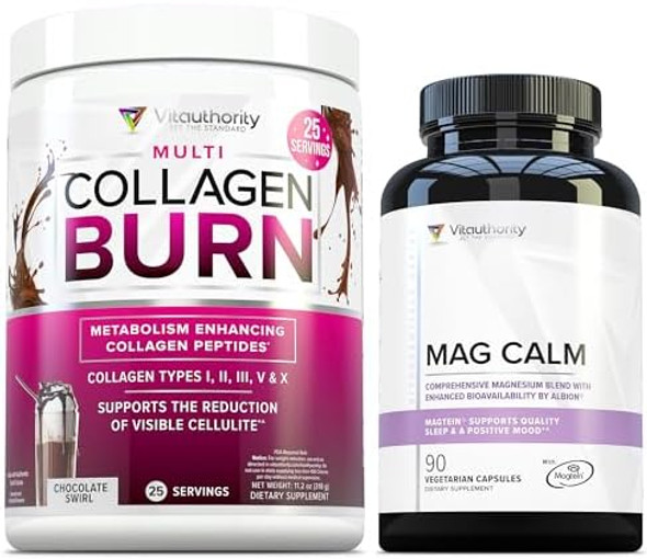 Vitauthority Collagen Peptides Powder Weight Loss Supplements  Hydrolyzed Beauty Complex Chocolate Flavored And Magnesium L-Threonate Biglycenate Chelate Blend Gaba And L-Theanine