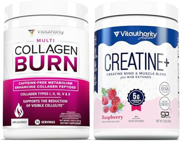 Vitauthority Unflavored Multi Collagen Burn: Hydrolyzed Protein Peptides With Hyaluronic Acid And Creatine Monohydrate Powder For Women Micronized Creatine Monohydrate With Gobhb & Cognatiq