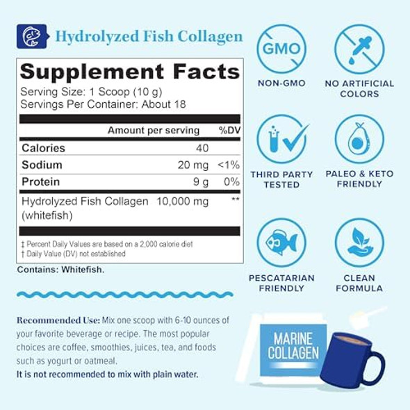 Vitauthority Marine Collagen Peptides Powder Supplement  Hydrolyzed Fish Collagen Peptides  10,000Mg Per Scoop, 9G Protein, Skin, Hair, Nail Sustainably Sourced Whitefish  Unflavored 18 Servings