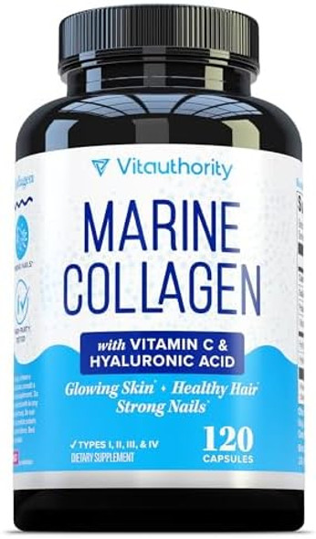 Vitauthority Marine Collagen Capsules Hyaluronic Acid & Vitamin C  2,000Mg Hydrolyzed Fish Collagen Peptides Per Serving  Skin Elasticity, Hydration, Hair, Nail & Joint Support  Pescatarian-Friendly 30 Servings