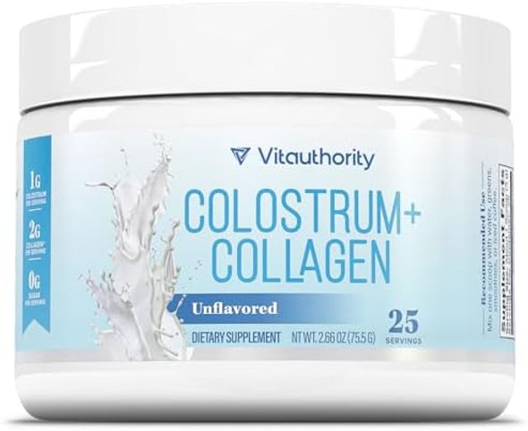 Vitauthority Colostrum Collagen Peptide Protein Powder Hydrolyzed Hydropeach Gut Health, Skin & Immune Support  1G Bovine Colostrum 2G Collagen Peptides 20Mg Peach Ceramides Blend Unflavored 25 Servings, No Sugar