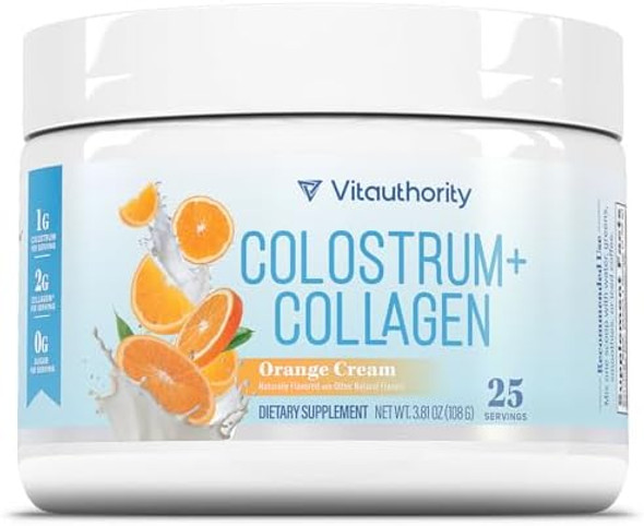 Vitauthority Colostrum Collagen Powder Hydrolyzed Peptide Hydropeach Gut Health Skin & Immune Support  1G Bovine Colostrum, 2G Collagen Peptides, 20Mg Peach Ceramides  Orange Cream Flavored 25 Servings, No Sugar