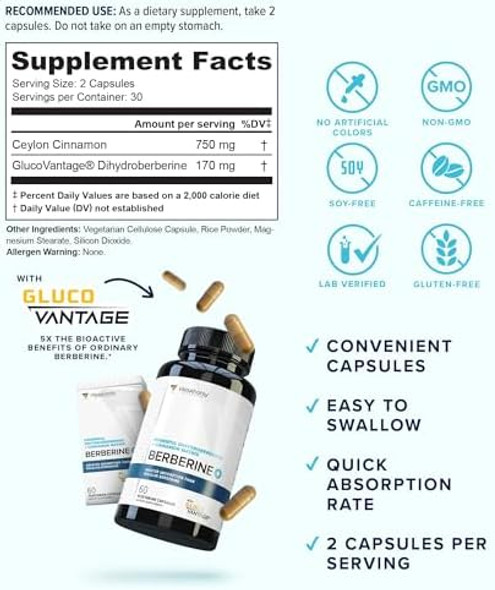Vitauthority Berberine With Ceylon Cinnamon Supplements  High Absorption Dihydroberberine For Balance And Support  Vegan Powerful Ampk Activator & Antioxidant  30 Servings