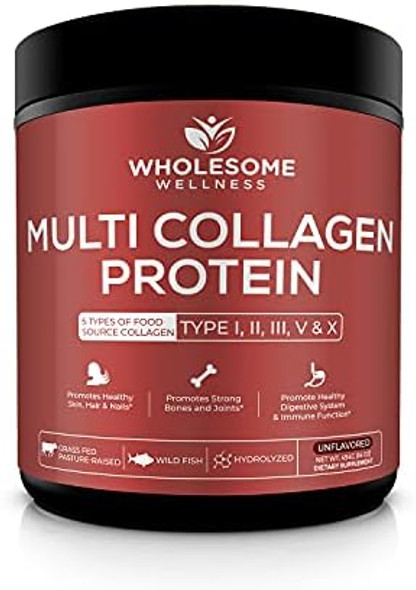 Wholesome Wellness Multi Collagen Protein Powder Hydrolyzed (Type I Ii Iii V X) Grass-Fed All-In-One Super Bone Broth + Peptides - Premium Blend Of Beef, Chicken, Wild Fish, Eggshell, 58 Servings