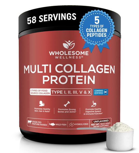 Wholesome Wellness Multi Collagen Protein Powder Hydrolyzed (Type I Ii Iii V X) Grass-Fed All-In-One Super Bone Broth + Peptides - Premium Blend Of Beef Chicken Wild Fish Eggshell 58 Servings