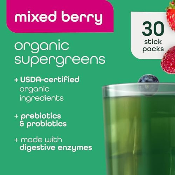 Zena Nutrition Organic Supergreens Greens Powder, 70+ Superfoods, Mixed Berry, 30 Drink Mix Packets + Pure Colostrum Capsules, 1500Mg Supplement, 1 Month Supply, 90 Capsules
