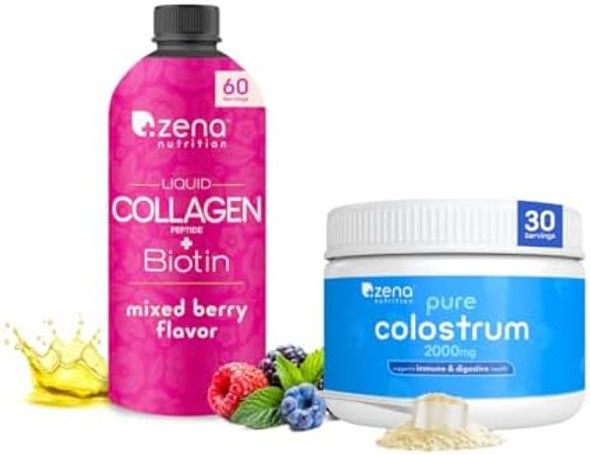 Zena Nutrition Liquid Collagen Peptides And Biotin, Mixed Berry 20.3 Fl Oz + Pure Colostrum Powder, 2000Mg Supplement, Supports Immune And Digestive Health