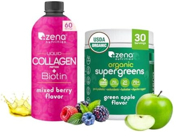 Zena Nutrition Liquid Collagen Peptides And Biotin, Mixed Berry 20.3 Fl Oz + Organic Supergreens Greens Powder, 70+ Superfoods, Green Apple, 30 Servings