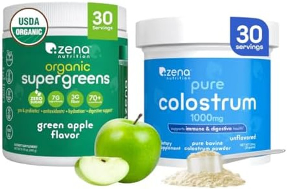 Zena Nutrition Organic Supergreens Greens Powder, 70+ Superfoods, Green Apple, 30 Servings + Bovine Pure Colostrum Powder Supplement, 1000Mg, Supports Immunity & Digestion, Unflavored, 30 Servings