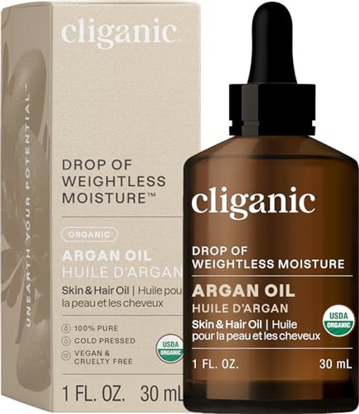 Cliganic Organic Argan Oil, 100% Pure (1oz) - for Hair, Face & Skin Cold Pressed Carrier Oil