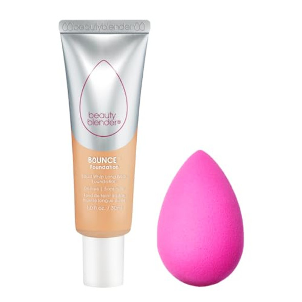 Beautyblender Bounce Liquid Whip Long Wear Foundation (2.40 N/O Med Olive) & Original Pink Beauty Blender Makeup Sponge Bundle