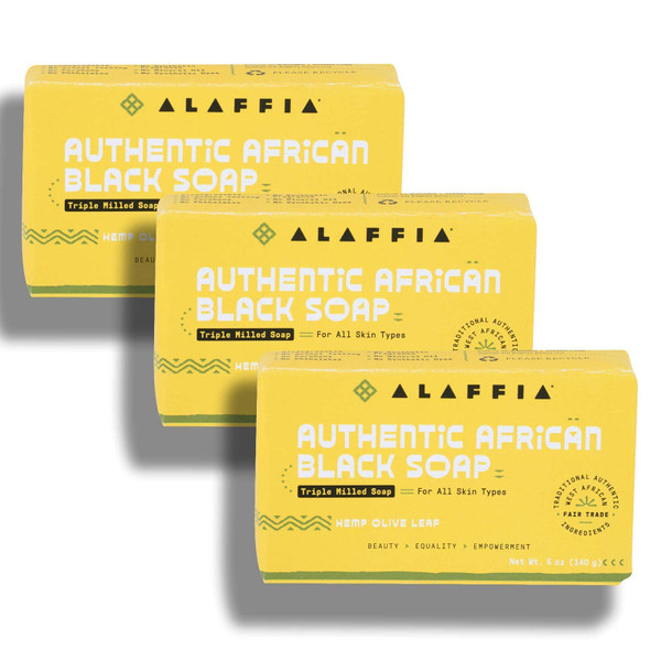 Alaffia Authentic African Black Soap Triple Milled, Long-Lasting and Ultra-Moisturizing Soap Bar, Unscented 5 Oz (Pack of 3)