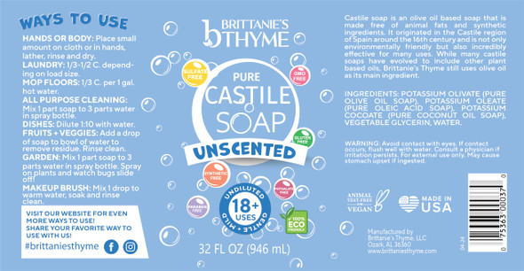 Brittanie's Pure Organic Castile Liquid Olive Oil Soap Refill, 1 Gallon Face, Body Wash, Dishes, Pets & Laundry Vegan & Gluten Non-GMO