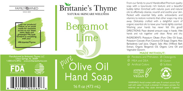 Brittanie’s Pure Castile Liquid Soap Refill, Bergamot Lime, 12 Ounce 3 Pack Dish Soap, Hair & Body, Home, Gentle and Pure, Made with Natural Luxurious Oils, Vegan & Gluten Non-GMO