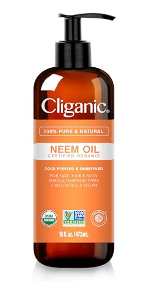 Cliganic Organic Neem Oil for Face, Skin & Plants (16oz), 100% Pure Natural Cold Pressed Non-GMO