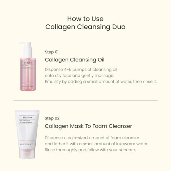 BIODANCE Collagen Cleansing Duo – 2-in-1 Pore Mask to Foam Cleanser & Gentle Cleansing Oil, Hydrating Facial Wash and Makeup Remover for Sensitive Skin, Oily Skin, Pink Duo