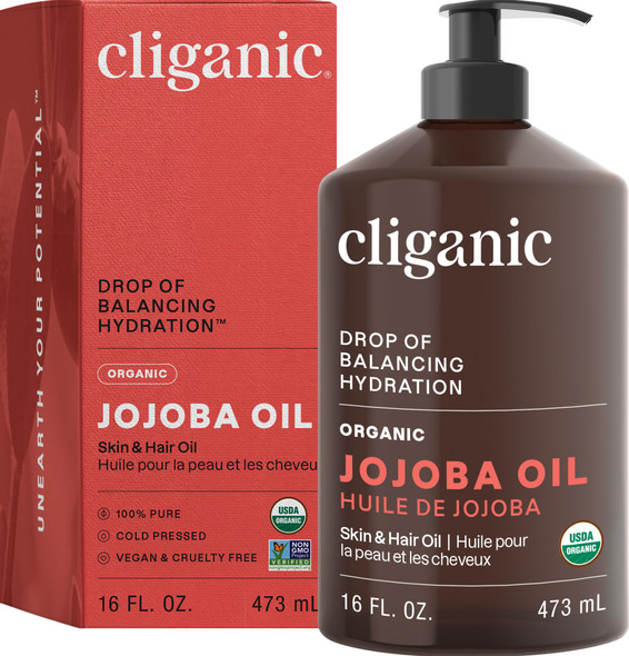 Cliganic Organic Jojoba Oil 16oz with Pump, 100% Pure Bulk, Moisturizing Oil for Face, Hair, Skin & Nails Natural Cold Pressed (Packaging May Vary)
