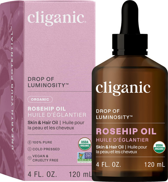 Cliganic Organic Rosehip Seed Oil for Face, 100% Pure Natural Cold Pressed Unrefined Non-GMO Carrier Oil for Skin, Hair & Nails (Packaging May Vary)