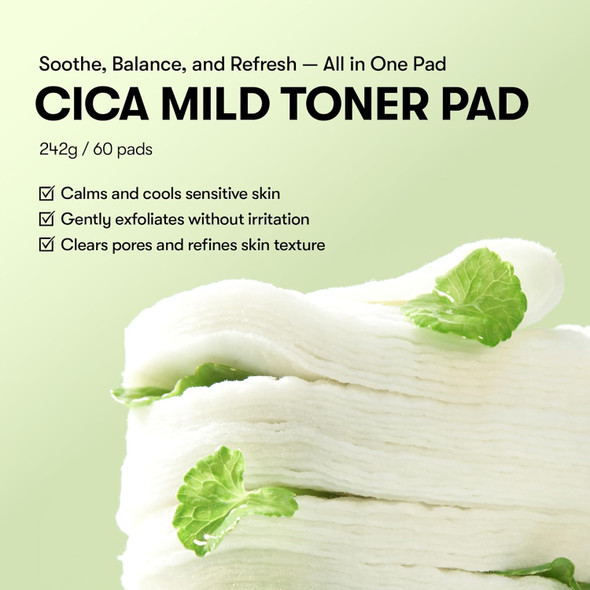VT COSMETICS CICA Mild Toner Pad (60 Pads) - Exfoliating, Hydrating, Soothing, pH Balancing With BHA, Centella Asiatica Extract, Hyaluronic Acids for Daily Facial Use