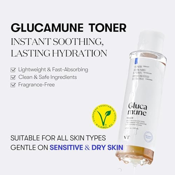 VT COSMETICS Glucamune Facial Toner with Snow Mushroom, Hydrating & Soothing for Dry, Sensitive, and Combination Skin, Vegan Toner, Fragrance-, Korean Skincare (6.76 fl. oz.)
