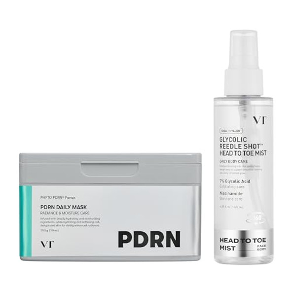 VT COSMETICS Bundle PDRN Daily Mask 30 Sheets & 7% Glycolic Acid Reedle Shot Head-to-Toe Mist