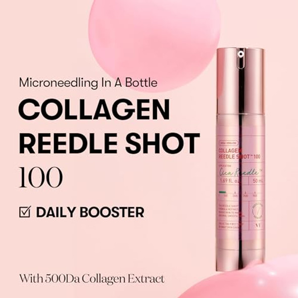 VT COSMETICS Collagen Reedle Shot 100, Microneedling Serum, Firming & Elasticity, 500Da Collagen Extract, Soft & Glass Skin, Pink Serum, Korean Skin Booster 1.69Fl Oz(50ml)