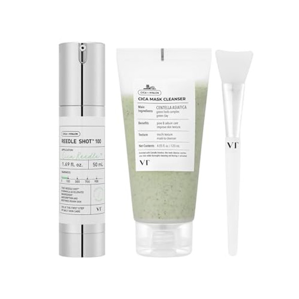 VT COSMETICS Bundle CICA Reedle Shot 100, CICA Mask Cleanser with Brush, Microneedling Serum, 2-in-1 Clay Mask-to-Foam Cleanser, Centella Asiatica, For Acne-Prone & Sensitive Skin, Korean Skincare