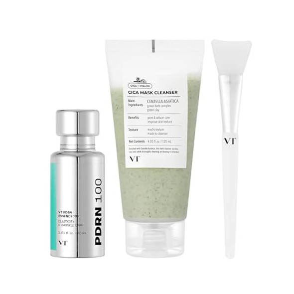 VT COSMETICS Bundle PDRN Essence 100 & CICA Mask Cleanser with Brush, 100,000 PPM PDRN Glow Serum, Centella Asiatica Clay Mask-to-Foam Cleanser, Hydrating, Korean Skincare