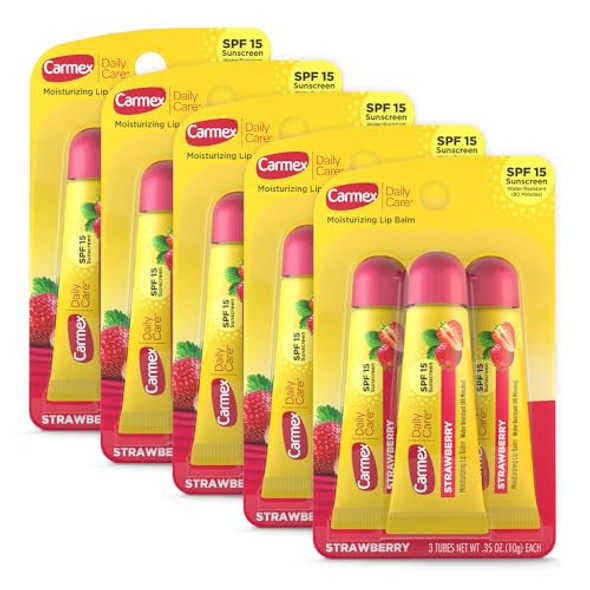 Carmex Daily Care Moisturizing Lip Balm with SPF 15, Strawberry Lip Balm Tubes, 0.35 OZ Each - 3 Count (Pack of 5)