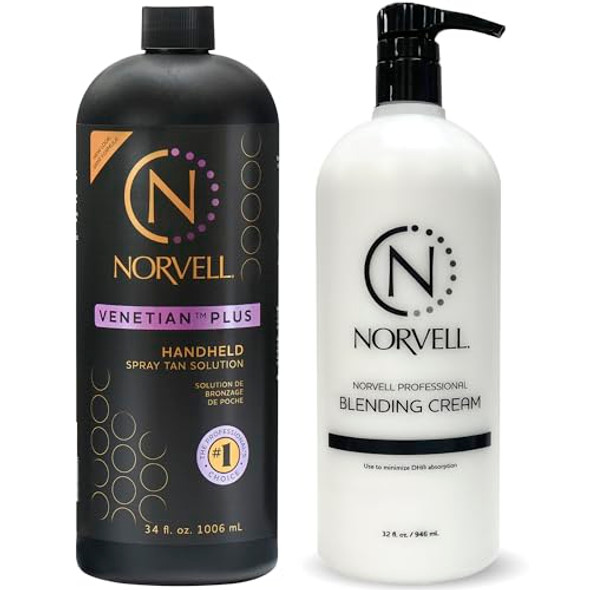 Norvell Premium Professional Sunless Tanning Spray Tan Bundle - Venetian Plus, 34 Fl Oz and Barrier Cream, 32 Fl Oz