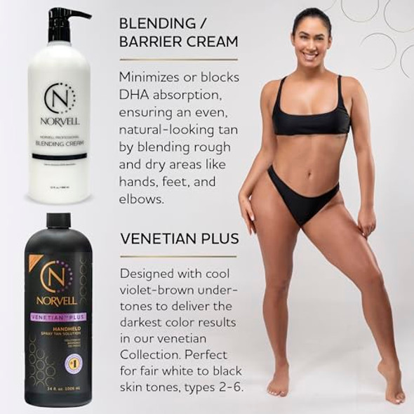 Norvell Premium Professional Sunless Tanning Spray Tan Bundle - Venetian Plus, 34 Fl Oz and Barrier Cream, 32 Fl Oz