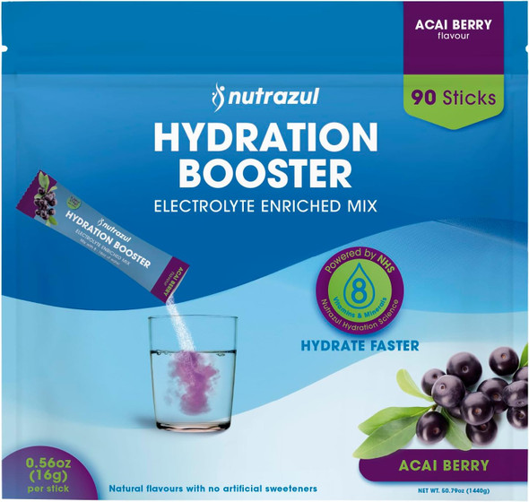 Nutrazul Hydration Booster 90 Sticks Supports Rapid Hydration Electrolyte Enriched Mix No Artificial Sweeteners Acai Berry Flavour Vegan, Gluten-, Non-Gmo