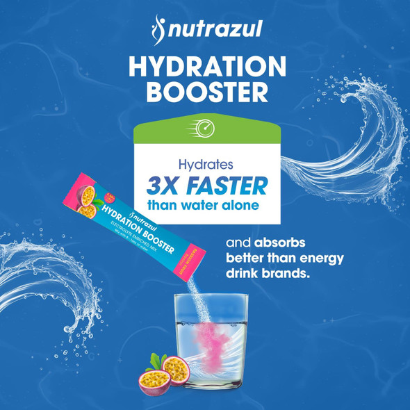 Nutrazul Hydration Booster 30 Sticks Supports Rapid Hydration Electrolyte Enriched Mix No Artificial Sweeteners Passion Fruit Flavour Vegan, Gluten-, Non-Gmo