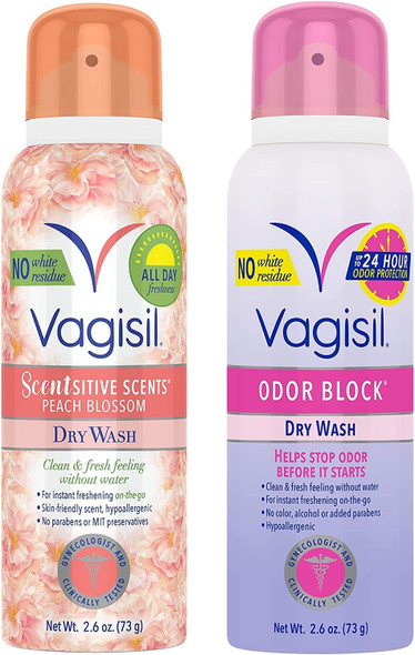 Vagisil Feminine Dry Wash Deodorant Spray For Women, Gynecologist Tested, On The Go Hygiene, 2 Scent Bundle - Peach Blossom, Odor Block (2.6 Oz Each) Vagisil Feminine Dry Wash Deodorant Spray For Women, Gynecologist Tested, On The Go Hygiene, 2 Scent Bundle - Peach Blossom, Odor Block (2.6 Oz Each)