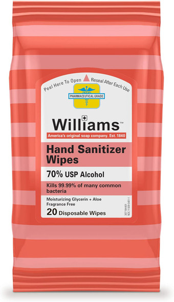 Hand Sanitizer Wipes By Williams, Antibacterial, Kills 99.99% Of Common Bacteria, 70% Alcohol, With Moisturizing Gylcerin + Aloe, Fragrance , Keeps Hands Clean On The Go, 20 Wipes Hand Sanitizer Wipes By Williams, Antibacterial, Kills 99.99% Of Common Bacteria, 70% Alcohol, With Moisturizing Gylcerin + Aloe, Fragrance , Keeps Hands Clean On The Go, 20 Wipes