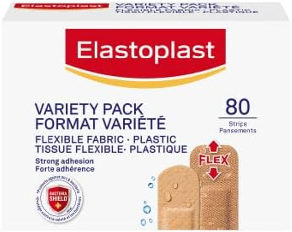 Elastoplast Fabric And Plastic Adhesive Bandages Variety Pack (80 Strips), Flexible & Water-Resistant Bandage With All-Around Adhesion, Ideal For First Aid Kit {Imported From Canada} Elastoplast Fabric And Plastic Adhesive Bandages Variety Pack (80 Strips), Flexible & Water-Resistant Bandage With All-Around Adhesion, Ideal For First Aid Kit {Imported From Canada}