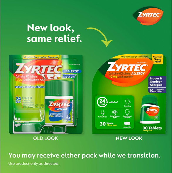 Zyrtec 24 Hour Allergy Relief Tablets, Indoor & Outdoor Anti Allergy Medicine With 10 Mg Cetirizine Hcl Per Antihistamine Tablet, Relief From Runny Nose, Sneezing, Itchy Eyes & More, 30 Ct