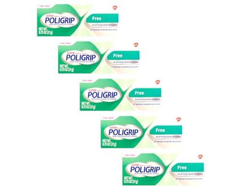 Poligrip (Pack Of 5) Super Denture Adhesive Cream - Strong, All-Day Hold, Zinc , No Artificial Flavors Or Colors - 0.75 Oz Each