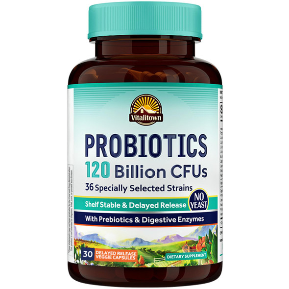 VITALITOWN Probiotics 120 Billion CFUs  36 Strains with Prebiotics and  Digestive Enzymes for Men Women  Shelf Stable  Digestive Health and  Immune Support  Vegan  Non GMO  30 Delayed Release Veg Caps
