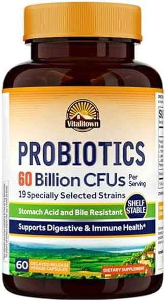 Vitalitown Probiotics + Prebiotics 60 Billion Cfus 19 Strains 60 Delayed Release Veg Caps Shelf Stable, Prebiotics And Probiotics Digestive Health, Immune Health Vegan, Non-Gmo, No Dairy