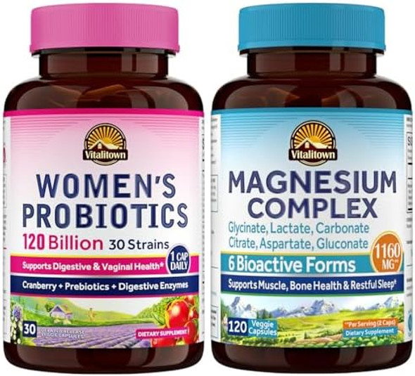 Vitalitown Probiotic + Magnesium Bundle (Pack Of 2) Women'S Probiotics (Item 1) & Magnesium Complex (Item 2) 30 Probiotic Capsules & 120 Magnesium Capsules