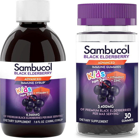 Sambucol Black Elderberry Syrup And Gummies For Kids - Elderberry Syrup Kids, Kids Elderberry Gummies, Black Elderberry Syrup For Kids, Sambucus Kids - 7.8 Fl Oz, 30 Gummies Bundle