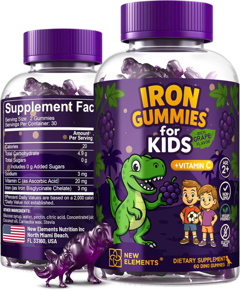 Elements Iron Dinosaur Gummies For Kids With Vitamin C Sugar-, Vegan, Gluten- & Non-Gmo Anemia Relief, Energy & Blood Health Support Grape Flavor, Pectin-Based For Optimal Health
