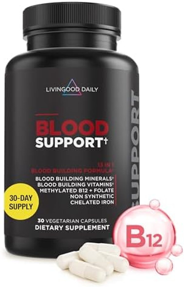 Livingood Daily Iron Supplement For Women & Men, Blood Support Formula With Chelated Iron, Methylated B12, Vitamin C, Zinc & Folate, Vegan, Non Gmo, Gluten , Allergen , 30 Capsules