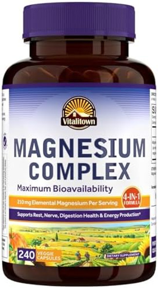 Vitalitown Magnesium Complex Chelated Easily Absorbed Magnesium Glycinate Citrate Malate Buffered 210Mg Elemental Mag Sleep, Nerve, Muscle, Digestion, Energy Non-Gmo 240 Veg Caps