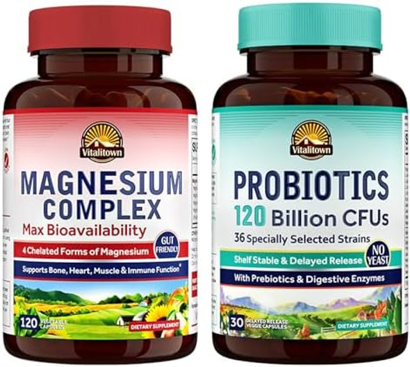 Vitalitown Magnesium + Probiotic Bundle (Pack Of 2) Magnesium Complex (Item 1) & Probiotics 120 Billion Cfus (Item 2) 120 Magnesium Capsules & 30 Probiotic Capsules Vitalitown Magnesium + Probiotic Bundle (Pack Of 2) Magnesium Complex (Item 1) & Probiotics 120 Billion Cfus (Item 2) 120 Magnesium Capsules & 30 Probiotic Capsules