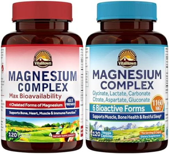Vitalitown Magnesium Bundle (Pack Of 2) 4-In-1 & 6-In-1 Magnesium Complex For Bone & Muscle Magnesium Glycinate, Magnesium Citrate 120 Magnesium Capsules
